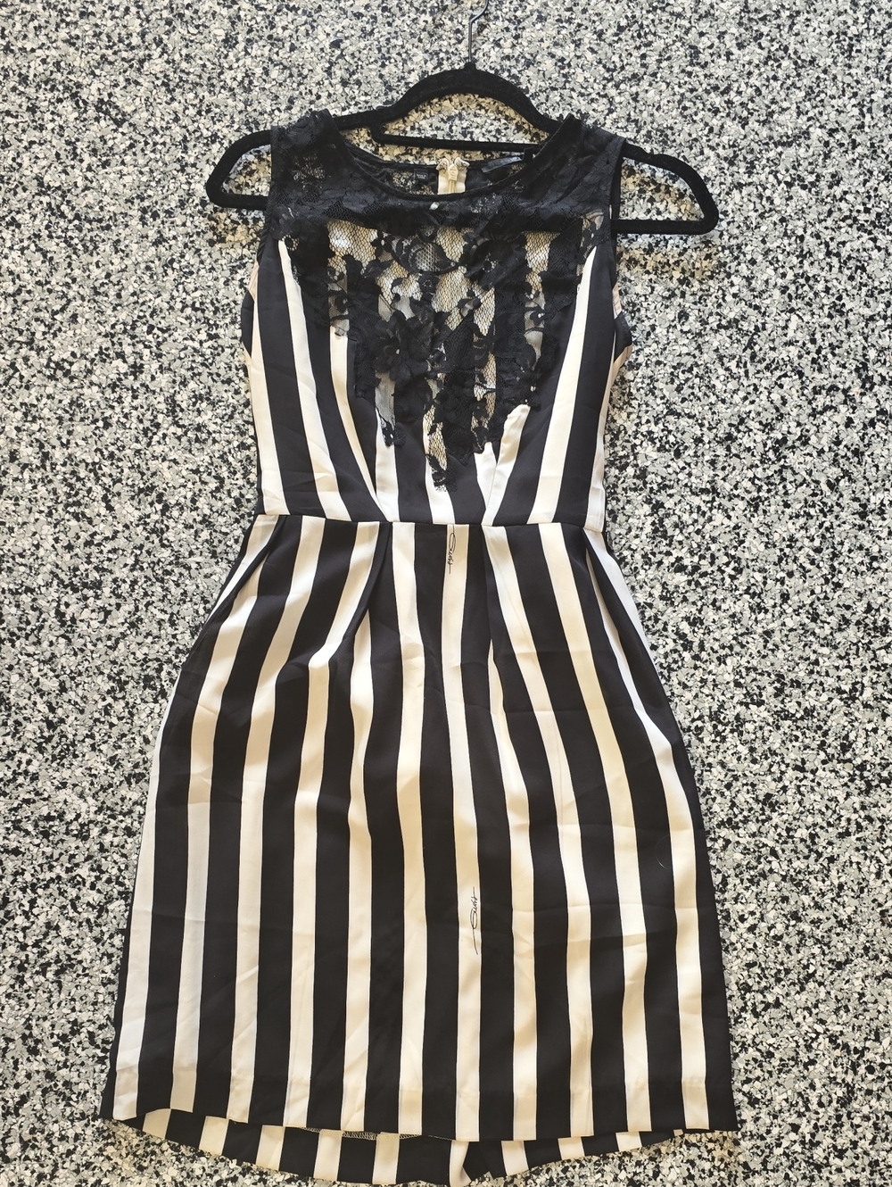 Guess Black and White Striped Midi Dress with Lace Yoke